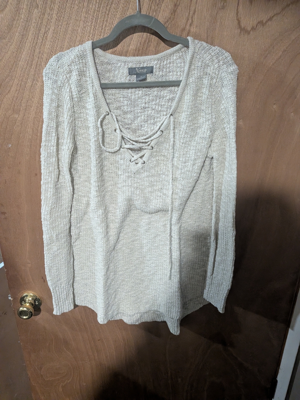 NATURAL LIFE Lace-Up V-Neck Sweater in Cream